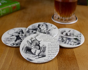Alice in Wonderland Coaster Set - made from recycled book pages-Flamingo Croquet, White Rabbit, Mad Hatter and Caterpillar