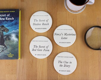 Nancy Drew Coaster Set - made from recycled book pages - Shadow Ranch, Mysterious Letter, Red Gate Farm, Clue in the Diary