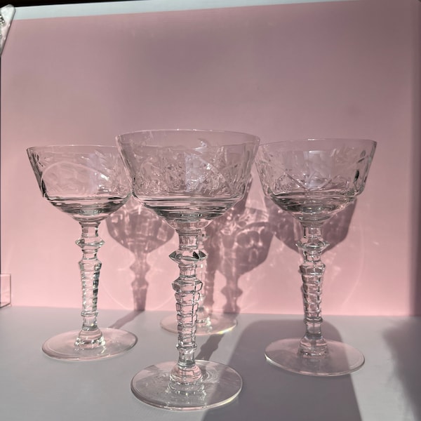 Vintage Libbey Rock Sharpe - Etched Flower Pattern - Coupe Glasses, set of 4, Cocktail Barware, Sherbert Glasses - Ships free!