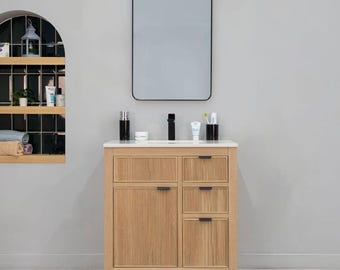 Natural Oak Fluted Style Bathroom Vanities with Quartz Top ( Available 4 Different Sizes)