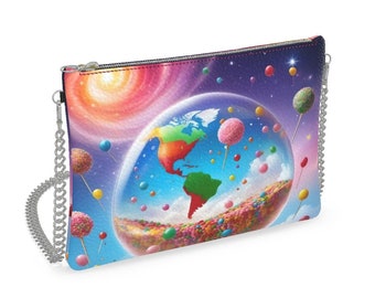 Textured Leather Crossbody Bag With Chain for Women Small Leather Zip Pouch Minimalist Shoulder Purse Colorful Candy Globe Bubble World Bag