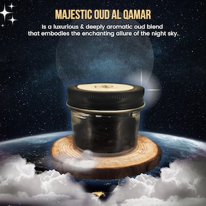 Majestic Oud Al Qamar - oil blends rich- earthy woody notes with a soft, musky essence. Kalimantan Oud Chips, Pure Oil, Bahkoor Wood Chips