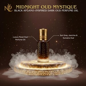 May include: A perfume oil bottle with a gold cap and ornate design, labeled "MIDNIGHT OUD MYSTIQUE." The bottle sits on a decorative platform with a gold trim, surrounded by a smoky effect. The text indicates it's a "BLACK AFGANO-INSPIRED DARK OUD PERFUME OIL."