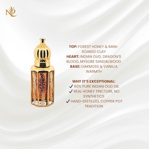 May include: A decorative perfume bottle with a gold-colored cap and a brown, patterned body. The text on the image lists the fragrance's notes: forest honey, Indian oud, dragon's blood, and oakmoss. The bottle is hand-distilled.