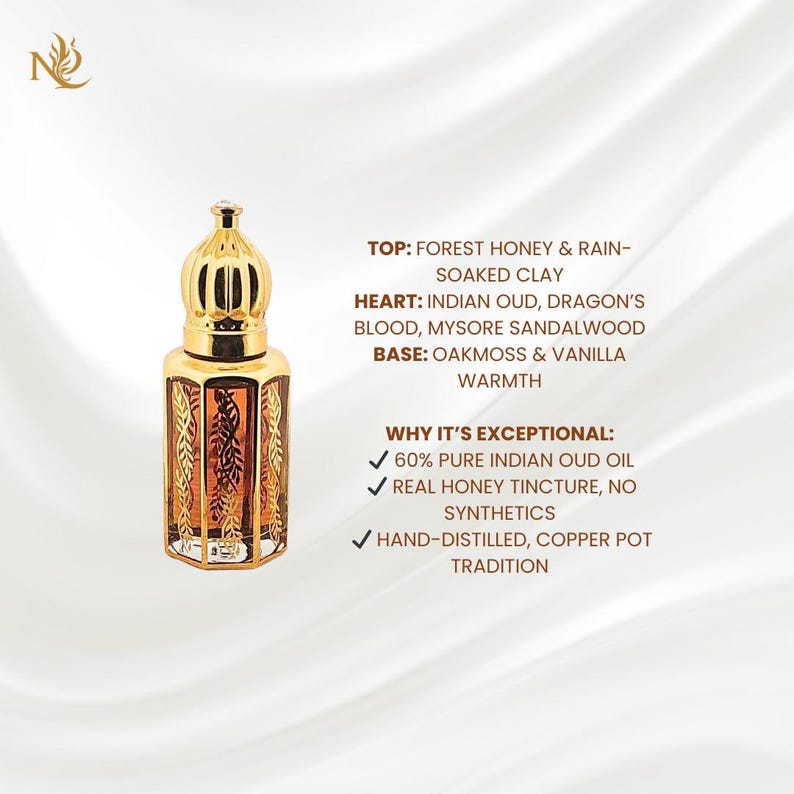 May include: A decorative perfume bottle with a gold-colored cap and a brown, patterned body. The text on the image lists the fragrance's notes: forest honey, Indian oud, dragon's blood, and oakmoss. The bottle is hand-distilled.