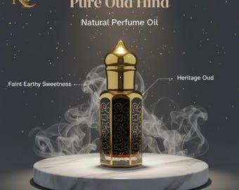 Może przedstawiać: Butelka perfum z złotą nakrętką i ozdobnymi czarnymi detalami, oznaczona jako "Pure Oud Hind Natural Perfume Oil". Butelka stoi na białym marmurowym cokole, z kłębami dymu wokół. Tekst wskazuje "Faint Earthy Sweetness" i "Heritage Oud".