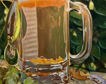 Beer and Fishing Large Oil Painting by Jennifer Greenfield