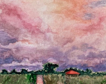 Original Iridescent Watercolor Landscape Painting- Stolen Sunset by Jennifer Greenfield