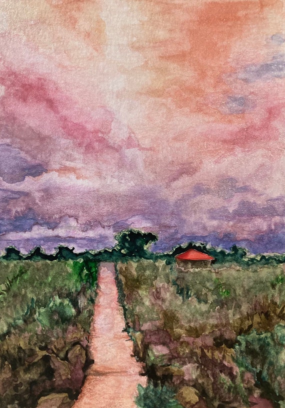 Original Iridescent Watercolor Landscape Painting Stolen Sunset by Jennifer  Greenfield 