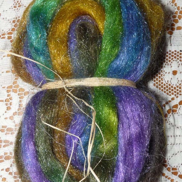 Hand Dyed Glitter, Sparkle Nylon roving for spinning / 1.9 ozs. / Dragonflies In The Sun