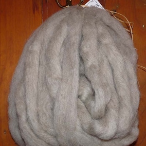 May include: A large bundle of light gray wool roving, hanging from a hook. The wool is soft and fluffy, and it is perfect for spinning or felting.