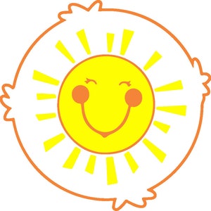 May include: A yellow smiling sun with closed eyes and rosy cheeks, surrounded by a circle of yellow rays on a black background with an orange border.