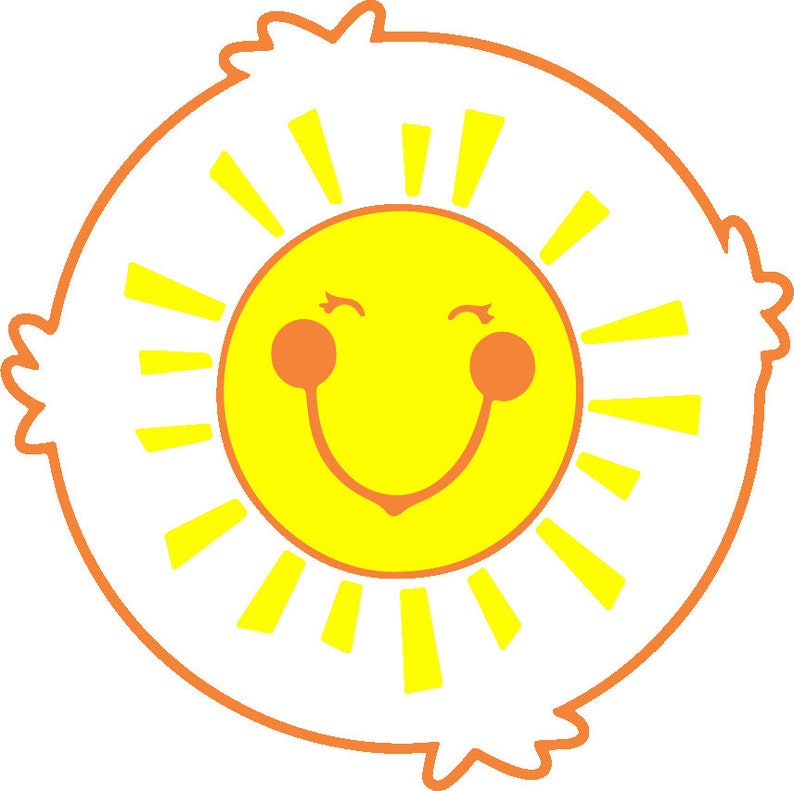 May include: A yellow smiling sun with closed eyes and rosy cheeks, surrounded by a circle of yellow rays on a black background with an orange border.