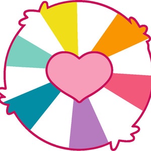 May include: A colourful wheel with a pink heart in the centre. The wheel is divided into eight sections, each a different colour: yellow, orange, red, pink, purple, blue, teal, and green.
