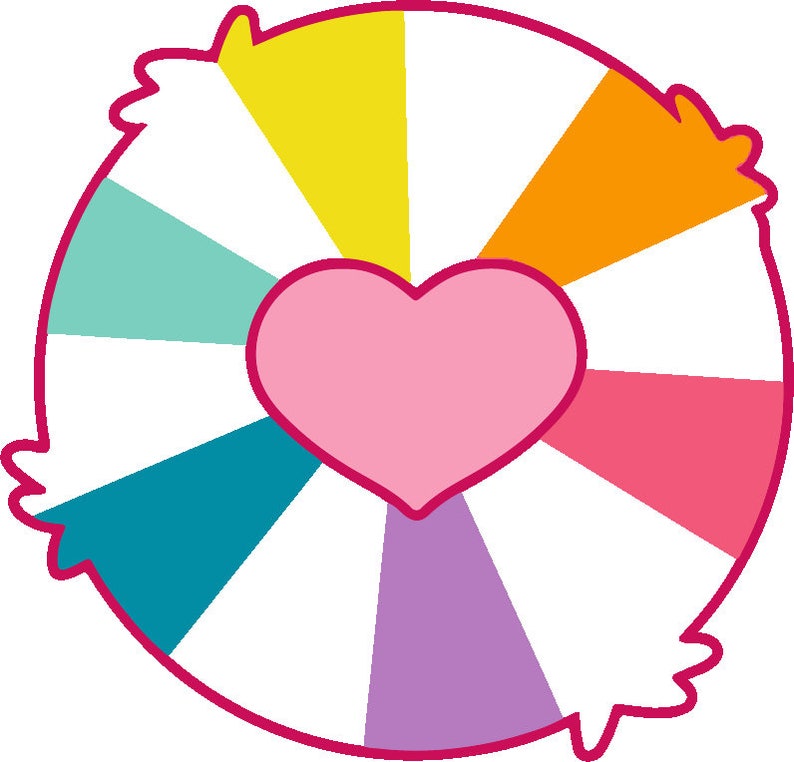 May include: A colourful wheel with a pink heart in the centre. The wheel is divided into eight sections, each a different colour: yellow, orange, red, pink, purple, blue, teal, and green.