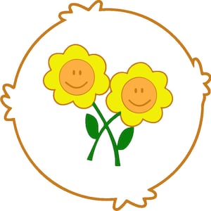 May include: Two yellow flowers with smiling faces on a brown background. The flowers have green stems and leaves.