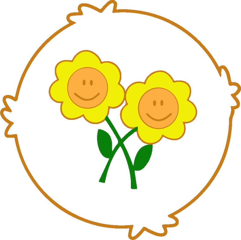 May include: Two yellow flowers with smiling faces on a brown background. The flowers have green stems and leaves.