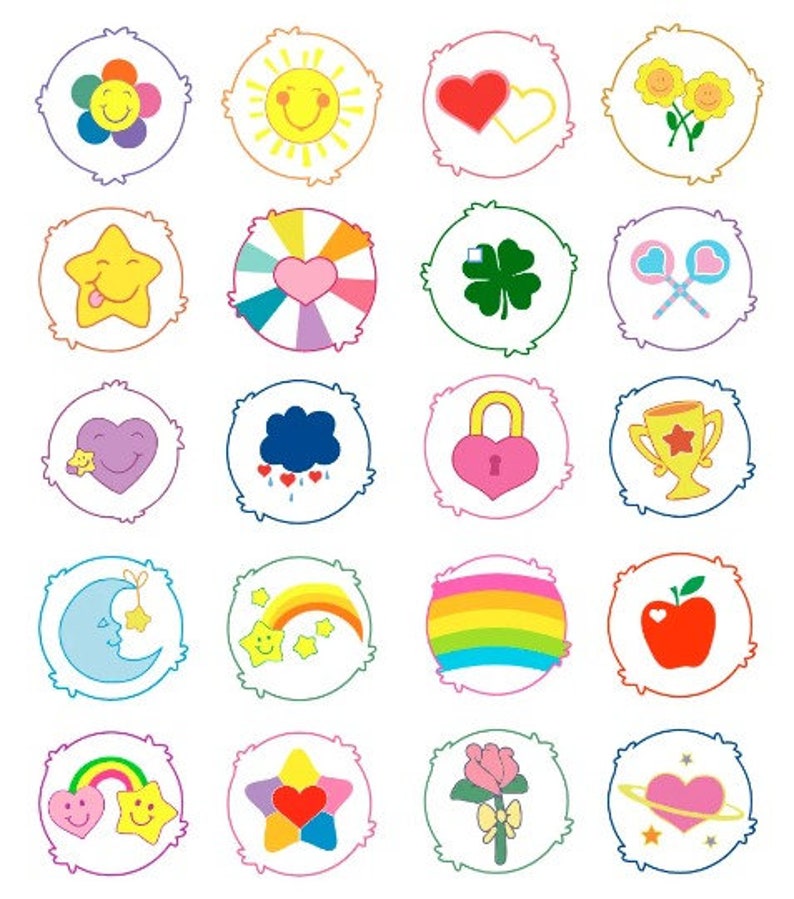 May include: A set of 16 colourful cartoon bear belly badges. Each badge features a different design, including a rainbow, a heart, a star, a cloud, a lock, a trophy, a moon, a sun, a flower, a clover, a lollipop, an apple, and a rainbow.