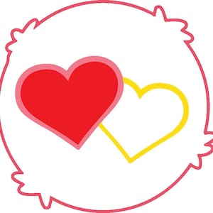 May include: A red heart with a yellow heart inside, both hearts are outlined in pink, on a black background with a pink circle around the hearts.