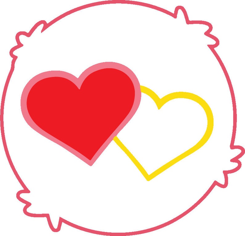 May include: A red heart with a yellow heart inside, both hearts are outlined in pink, on a black background with a pink circle around the hearts.