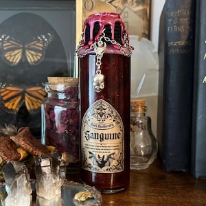 May include: A dark red apothecary bottle with a decorative label reading "Sanguine" and a bat illustration. The bottle is sealed with a dripping red wax and a silver skull charm. The bottle is surrounded by other gothic-themed items.