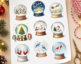 Weihnachtsaufkleberbogen mit Schneekugel zum Ausdrucken, Aquarell-Weihnachtsaufkleber, Winterliche Scrapbook- und Journal-Elemente, Digitaler Download