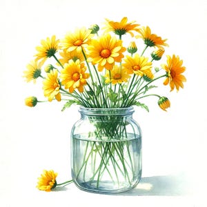 Yellow Daisy Watercolor Print - Digital Download of Flowers in Glass Jar, Yellow floral art print, Yellow print, Yellow flowers in a jar