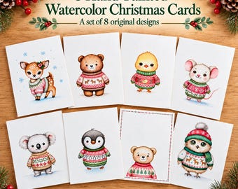 8 handbemalte Weihnachtskarten, Aquarell-Tiergrußkarten, handgefertigte Festtagskarten