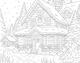 Cosy Christmas Cottage Malseite – Ausmalbild 300 DPI JPEG – Ausmalbilder zum Ausdrucken