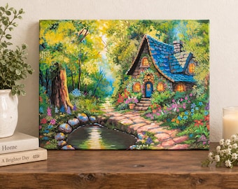 Original-Acrylgemälde „Wildflower Cottage“, 8x10 Leinwandbild, verspielte Cottage-Landschaft, Wanddekoration „Zauberwald“