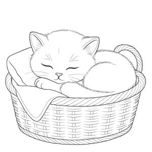 May include: A black and white illustration of a sleeping cat curled up in a woven basket. The cat rests on a pillow and blanket inside the basket, with its eyes closed. The basket has a handle.