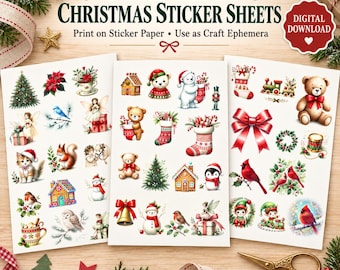 Weihnachtsaufkleberbögen zum Ausdrucken, 3-seitige Aquarell-Weihnachtsmotive, Vintage-Weihnachtsbastel-Download