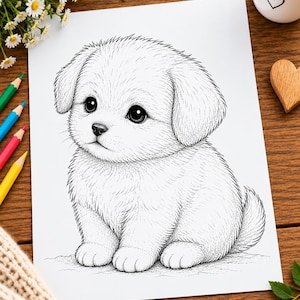May include: A black and white line art illustration printed on a rectangular sheet of paper, depicting a fluffy puppy sitting in a front-facing position with large dark eyes, a small nose, and soft fur texture rendered with fine ink strokes.