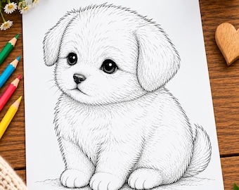 Niedliche Welpen-Malvorlage zum Ausdrucken | Flauschiger Hund als digitaler Download