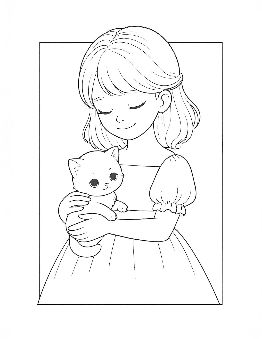 Girl Holding Kitten Coloring Page – 300 DPI JPEG • Cute Child & Pet ...