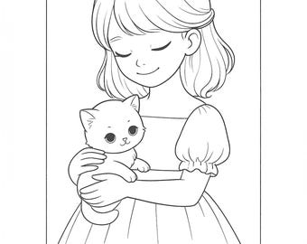 Girl Holding Kitten Coloring Page – 300 DPI JPEG • Cute Child & Pet Illustration • Instant Digital Download