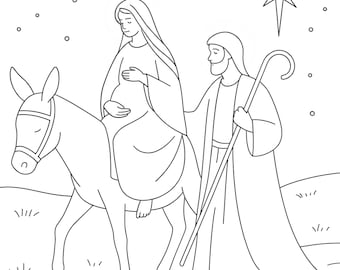Mary and Joseph Journey to Bethlehem Coloring Page – 300 DPI JPEG Digital Download