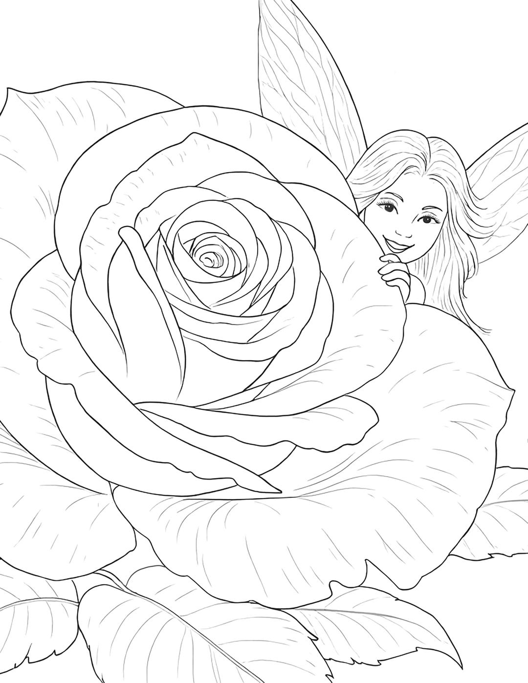 Fairy Rose Coloring Page Printable – Whimsical Fairy in Flower Line Art ...