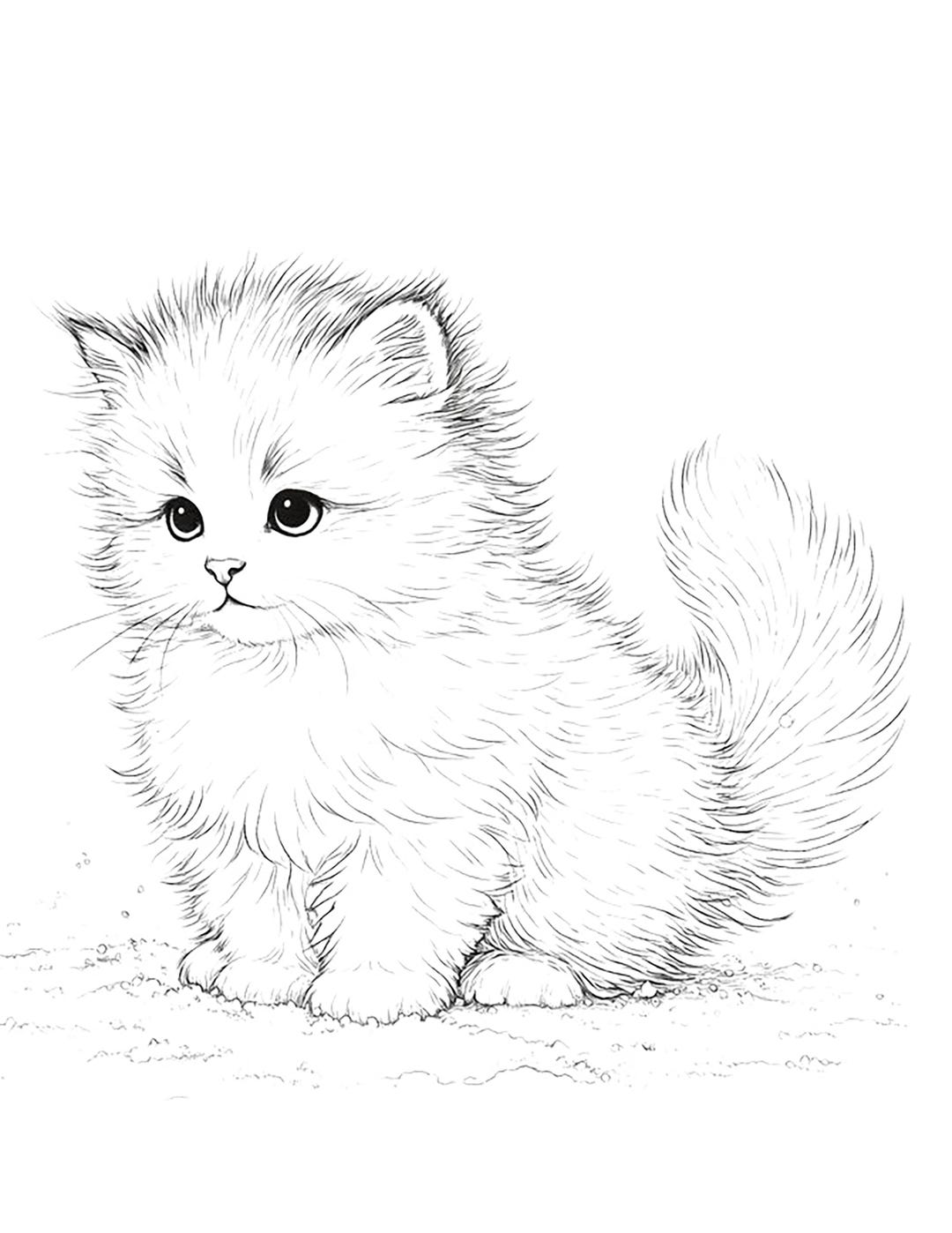 Fluffy Kitten Coloring Page Printable – Cute Cat Line Art, Simple ...