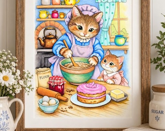 Süße Momente im Entstehen – Originale, handgefertigte Katzen-Backillustration, verspielte Bilderbuch-Küchenkunst, 8,5 x 11 Zoll