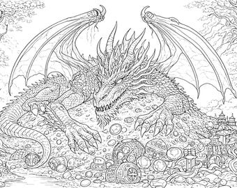 Dragon Treasure Coloring Page Printable – Epic Fantasy Dragon Line Art, Detailed Adult Coloring Sheet, 8.5x11 Instant Download
