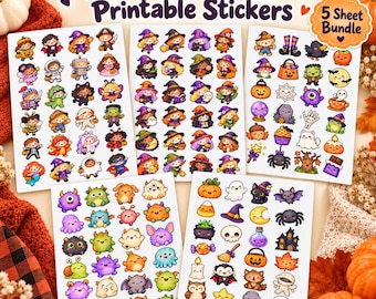 Cute Halloween Printable Stickers, 5 Sheet Bundle, Mini Witches, Monsters & Trick-or-Treaters, Planner Stickers, Digital Download