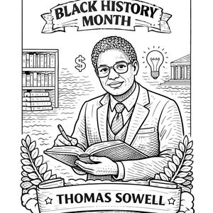 May include: Monochrome illustration for Black History Month, depicting Thomas Sowell. The image includes the text "Celebrating Black History Month" and "Thomas Sowell". A bookshelf, dollar sign, and lightbulb are also shown in the illustration.