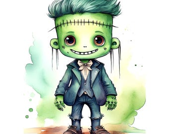 May include: A watercolor illustration of a cartoon Frankenstein's monster. The monster has green skin, green hair, and stitches across its forehead. It wears a blue suit with a white bow tie and brown shoes. The background has green and brown watercolor splashes.