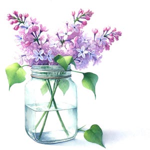 Purple Lilacs in Mason Jar - Watercolor Digital Print - Botanical Wall Art, beautiful floral art, Purple floral art print