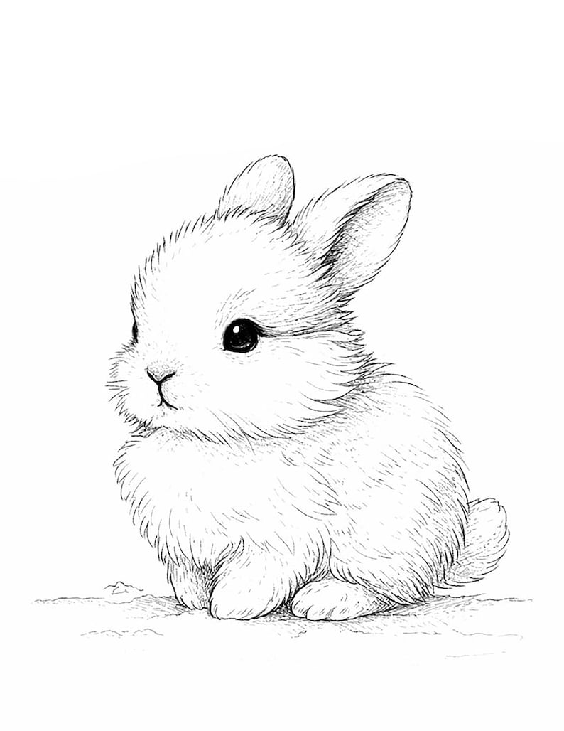 May include: A detailed black and white illustration of a fluffy white bunny rabbit. The rabbit is sitting, with its ears perked up and its dark eyes looking forward. The fur is textured, giving the rabbit a soft appearance.