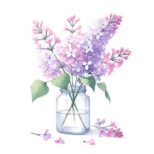 Purple Lilacs in Mason Jar - Watercolor Digital Print - Botanical Wall Art, beautiful floral art, Purple floral art print