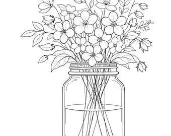 Blumen in einem Glas Malseiten, druckbare Blumen Einmachglas Malseiten PDF