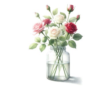 Elegante stampa artistica digitale con bouquet di rose - Arte murale floreale in stile acquerello per la decorazione della casa, stampa artistica floreale, stampa artistica floreale rosa e rossa