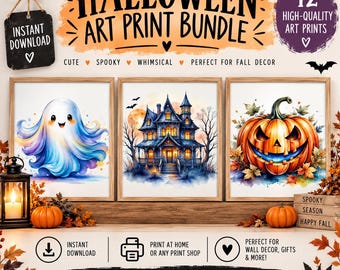 Halloween-Wandbild-Set zum Ausdrucken, 12 niedliche, gruselige Drucke, verspielte Halloween-Deko, digitale Kunst mit Geistern, Hexen, Kürbissen und Spukhäusern